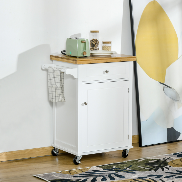 Kitchen Cart Storage Trolley - Elegant White Wooden Cabinet with Drawer, Cupboard, and Towel Rail - Premium  from Home Treasures - Just £144.99! Shop now at Home Treasures