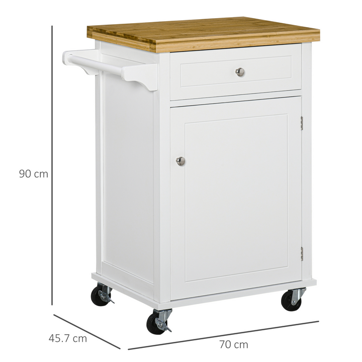 Kitchen Cart Storage Trolley - Elegant White Wooden Cabinet with Drawer, Cupboard, and Towel Rail - Premium  from Home Treasures - Just £144.99! Shop now at Home Treasures