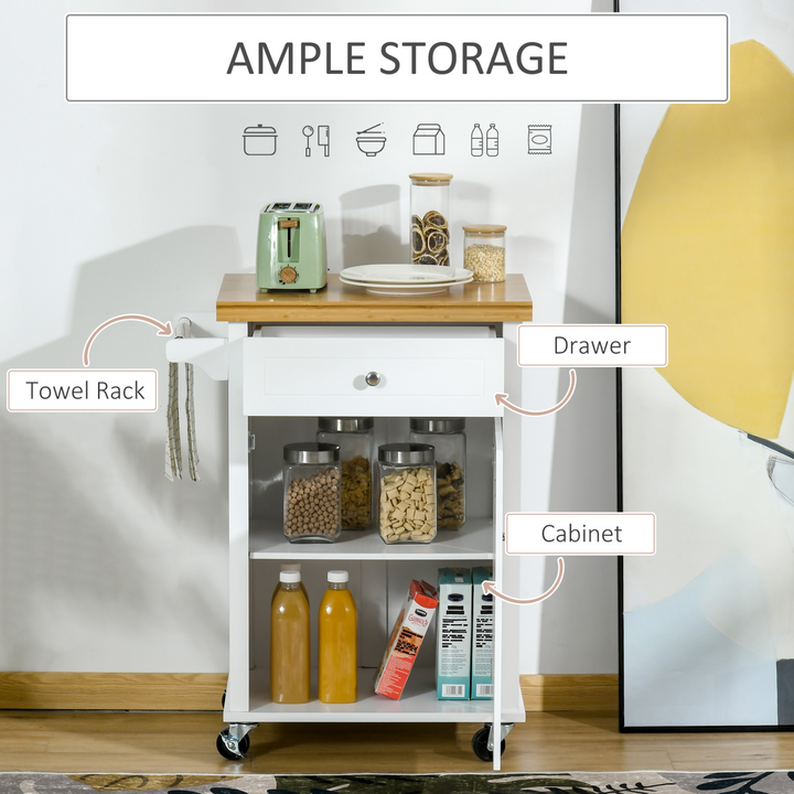 Kitchen Cart Storage Trolley - Elegant White Wooden Cabinet with Drawer, Cupboard, and Towel Rail - Premium  from Home Treasures - Just £144.99! Shop now at Home Treasures