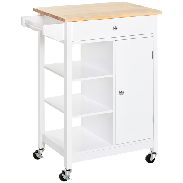 Kitchen Trolley Island on Wheels with Wood Top, 3 Shelves & Storage Cupboard - White - Premium  from Home Treasures - Just £95.99! Shop now at Home Treasures