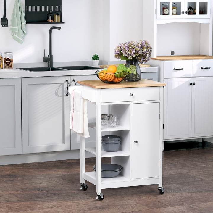 Kitchen Trolley Island on Wheels with Wood Top, 3 Shelves & Storage Cupboard - White - Premium  from Home Treasures - Just £95.99! Shop now at Home Treasures