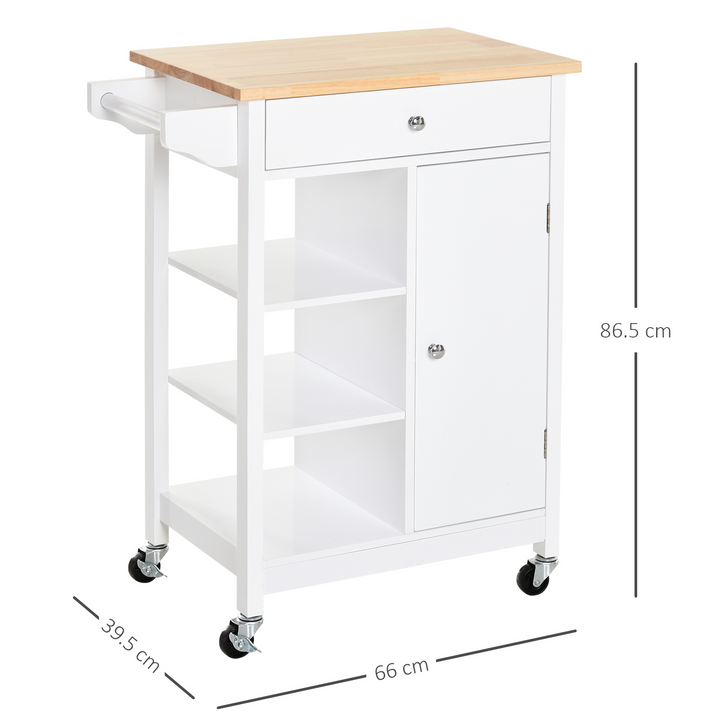 Kitchen Trolley Island on Wheels with Wood Top, 3 Shelves & Storage Cupboard - White - Premium  from Home Treasures - Just £95.99! Shop now at Home Treasures