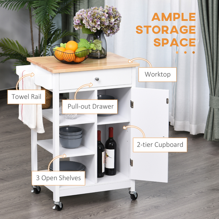 Kitchen Trolley Island on Wheels with Wood Top, 3 Shelves & Storage Cupboard - White - Premium  from Home Treasures - Just £95.99! Shop now at Home Treasures