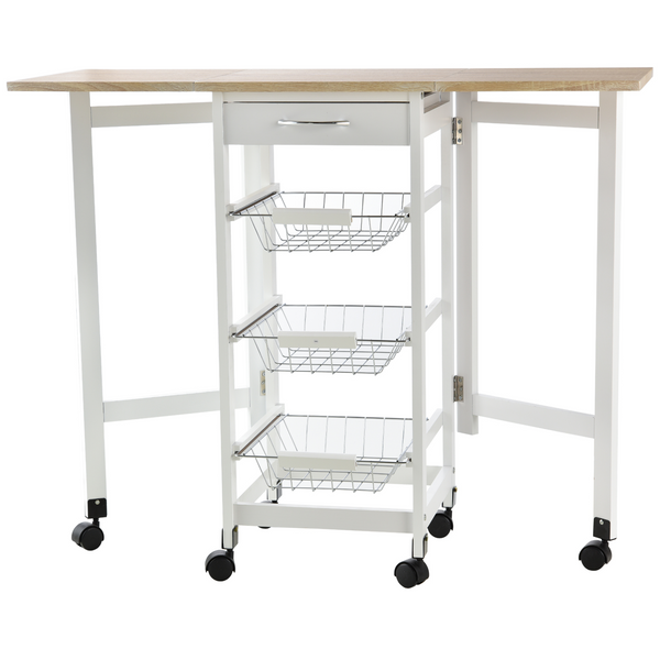 Drop-Leaf Kitchen Cart Trolley with 3 Metal Baskets, Drawer Surface Top - White Oak Tone - Premium  from Home Treasures - Just £77.99! Shop now at Home Treasures