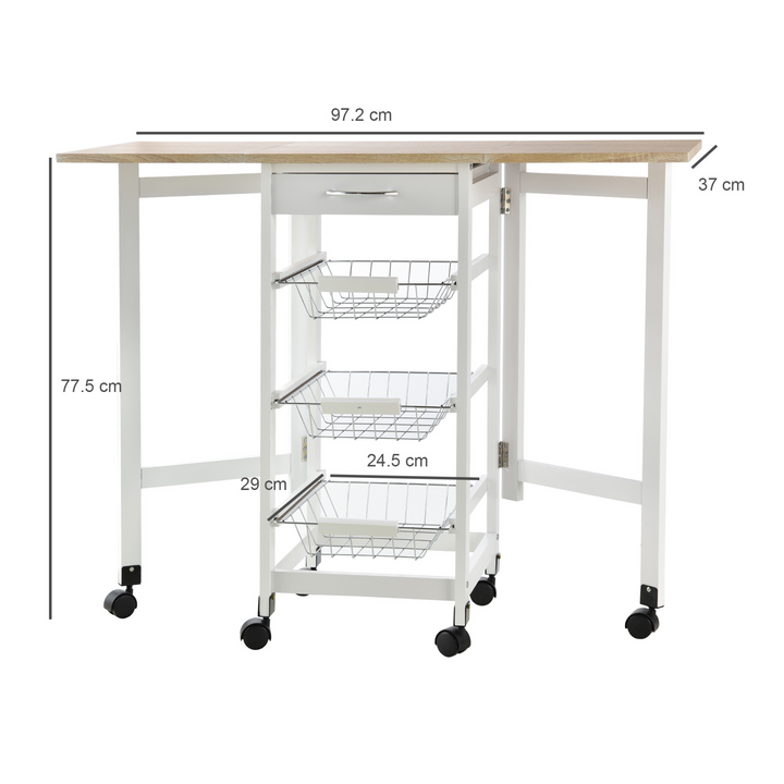 Drop-Leaf Kitchen Cart Trolley with 3 Metal Baskets, Drawer Surface Top - White Oak Tone - Premium  from Home Treasures - Just £77.99! Shop now at Home Treasures