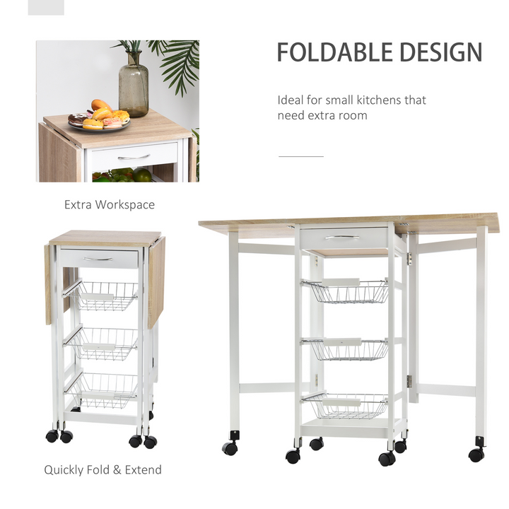 Drop-Leaf Kitchen Cart Trolley with 3 Metal Baskets, Drawer Surface Top - White Oak Tone - Premium  from Home Treasures - Just £77.99! Shop now at Home Treasures