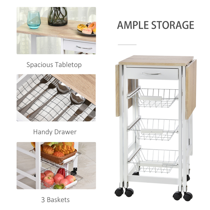 Drop-Leaf Kitchen Cart Trolley with 3 Metal Baskets, Drawer Surface Top - White Oak Tone - Premium  from Home Treasures - Just £77.99! Shop now at Home Treasures