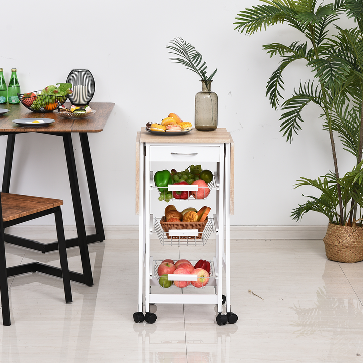 Drop-Leaf Kitchen Cart Trolley with 3 Metal Baskets, Drawer Surface Top - White Oak Tone - Premium  from Home Treasures - Just £77.99! Shop now at Home Treasures