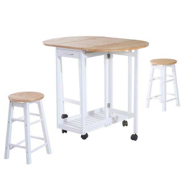 3PC Wooden Kitchen Mobile Bar Table with 2 Stools - Space-Saving & Multi-Functional - Premium  from Home Treasures - Just £174.99! Shop now at Home Treasures