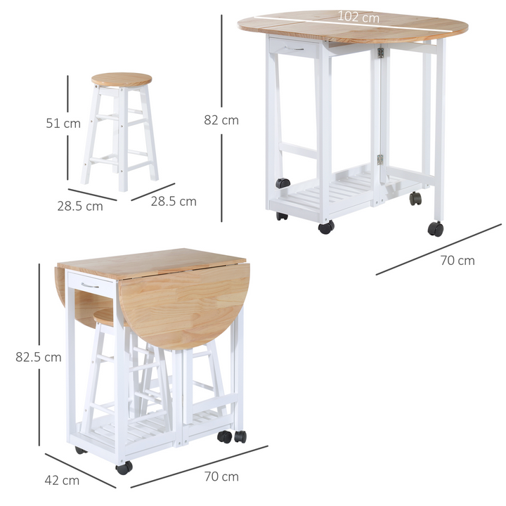 3PC Wooden Kitchen Mobile Bar Table with 2 Stools - Space-Saving & Multi-Functional - Premium  from Home Treasures - Just £174.99! Shop now at Home Treasures