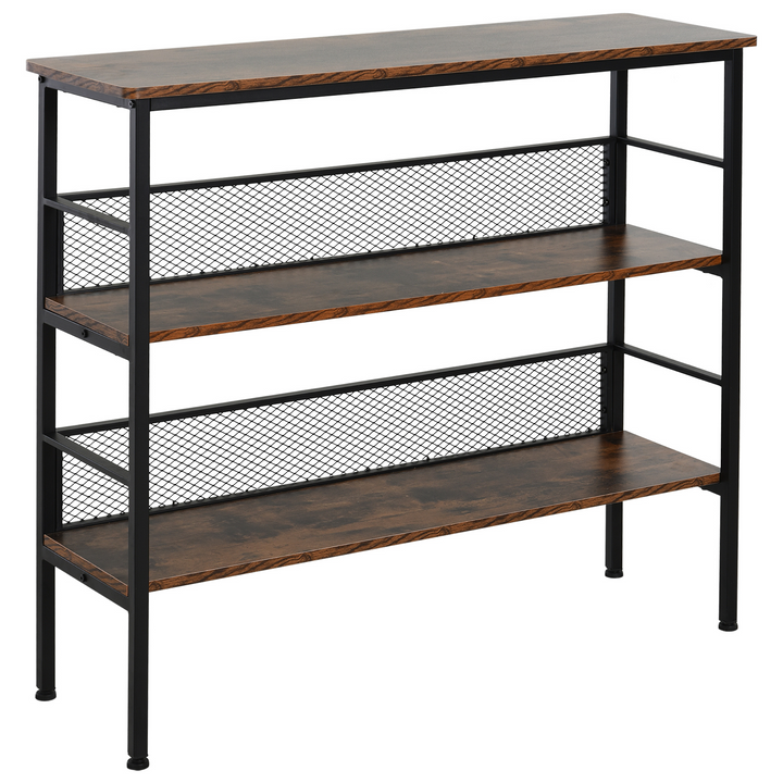 3-Tier Industrial Style Storage Display Shelf Metal Frame Adjustable Feet Back Panels Smooth Surface Home Office Stylish Black Brown - Premium  from Home Treasures - Just £79.99! Shop now at Home Treasures