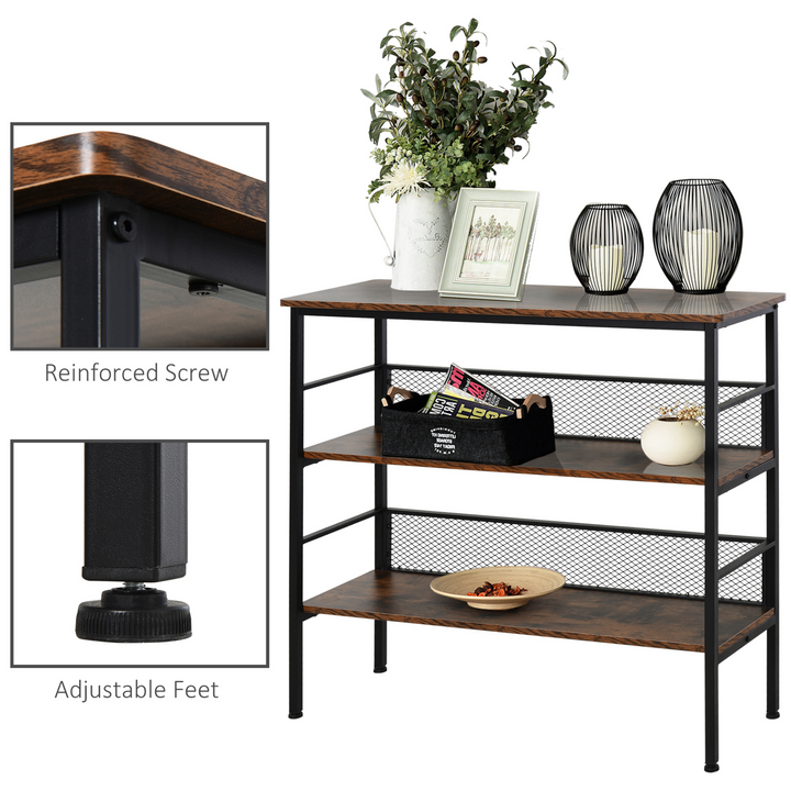 3-Tier Industrial Style Storage Display Shelf Metal Frame Adjustable Feet Back Panels Smooth Surface Home Office Stylish Black Brown - Premium  from Home Treasures - Just £79.99! Shop now at Home Treasures