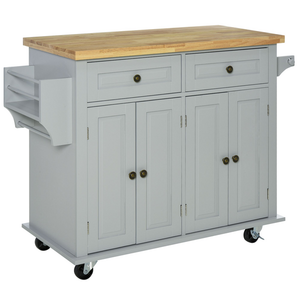 Stylish Grey Kitchen Island Storage Trolley with Rubber Wood Top & Drawers - 111 x 44.5 x 82.5 cm - Premium  from Home Treasures - Just £233.99! Shop now at Home Treasures