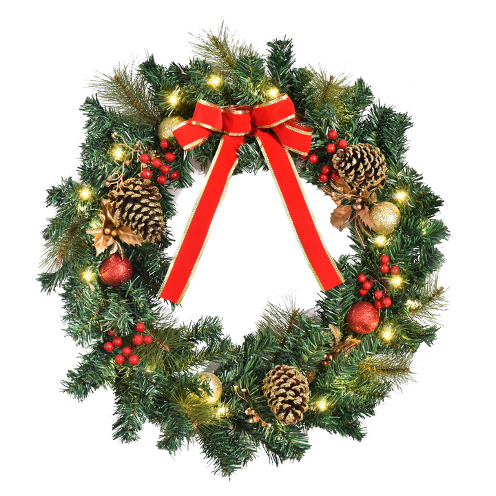 Pre-Lit Artificial Christmas Door Wreath with LED Lights, Pine Cones, & Festive Decorations - Indoor & Outdoor Use - Premium  from Home Treasures - Just £36.99! Shop now at Home Treasures