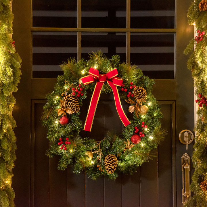 Pre-Lit Artificial Christmas Door Wreath with LED Lights, Pine Cones, & Festive Decorations - Indoor & Outdoor Use - Premium  from Home Treasures - Just £36.99! Shop now at Home Treasures