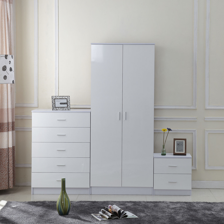 High Gloss 3 Piece Trio Bedroom Furniture Set - Modern Wardrobe, Chest of Drawers, and Night Stand - White Finish - Premium  from Home Treasures - Just £362.99! Shop now at Home Treasures