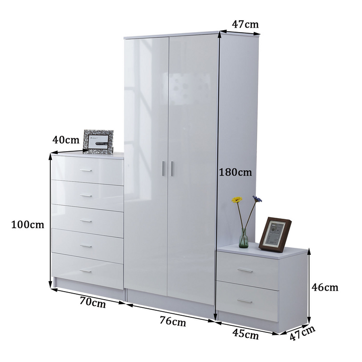 High Gloss 3 Piece Trio Bedroom Furniture Set - Modern Wardrobe, Chest of Drawers, and Night Stand - White Finish - Premium  from Home Treasures - Just £362.99! Shop now at Home Treasures