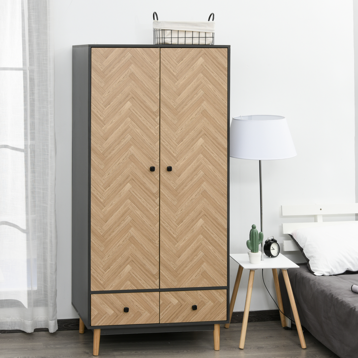 Modern Wardrobe Cabinet with Wood Grain Surface & 2 Drawers - 90x50x190cm - Premium  from Home Treasures - Just £252.99! Shop now at Home Treasures