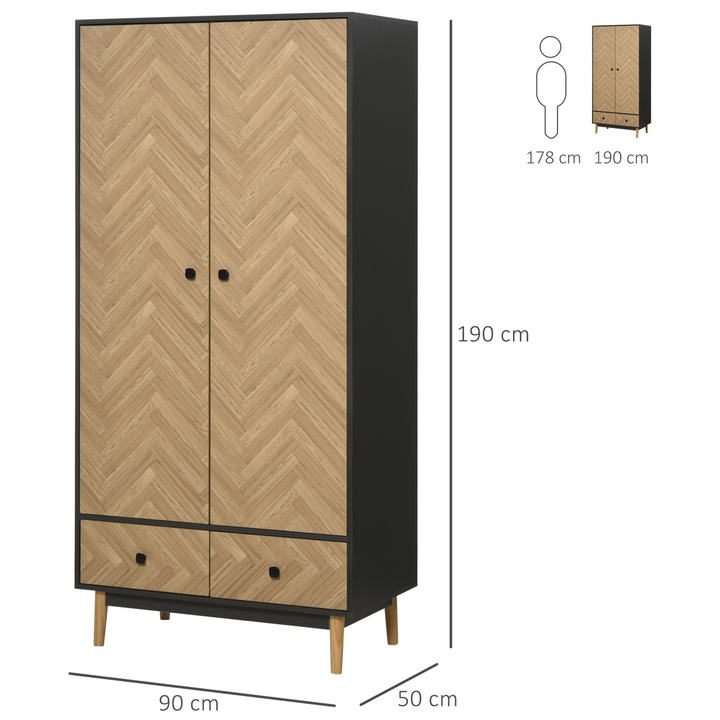 Modern Wardrobe Cabinet with Wood Grain Surface & 2 Drawers - 90x50x190cm - Premium  from Home Treasures - Just £252.99! Shop now at Home Treasures