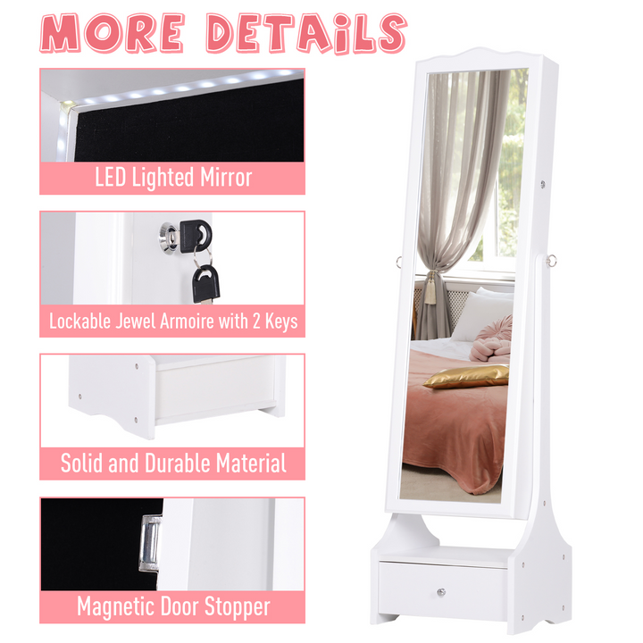 Jewellery Cabinet with LED, Mirror, and Lock – Floor Standing Flip-Over Makeup Shelf Organizer, White - Premium  from Home Treasures - Just £165.99! Shop now at Home Treasures