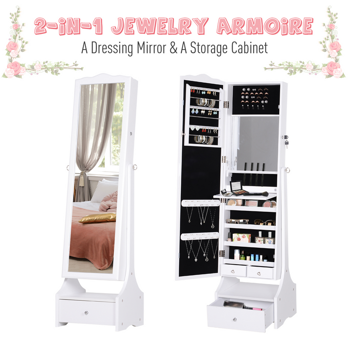 Jewellery Cabinet with LED, Mirror, and Lock – Floor Standing Flip-Over Makeup Shelf Organizer, White - Premium  from Home Treasures - Just £165.99! Shop now at Home Treasures