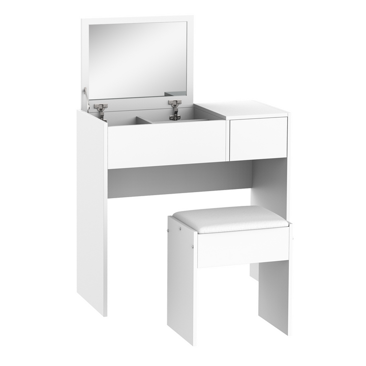 Makeup Desk with Drawer, White Vanity Table Set with Flip-up Mirror and Cushioned Stool - Modern Minimalist Design - Premium  from Home Treasures - Just £95.99! Shop now at Home Treasures