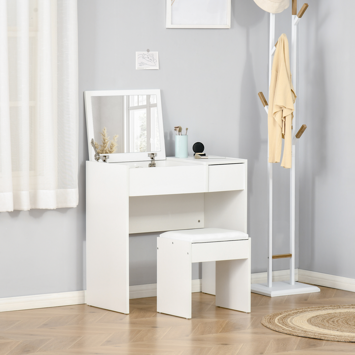 Makeup Desk with Drawer, White Vanity Table Set with Flip-up Mirror and Cushioned Stool - Modern Minimalist Design - Premium  from Home Treasures - Just £95.99! Shop now at Home Treasures