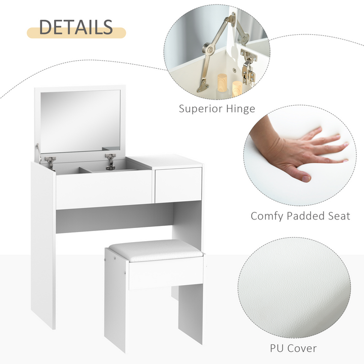 Makeup Desk with Drawer, White Vanity Table Set with Flip-up Mirror and Cushioned Stool - Modern Minimalist Design - Premium  from Home Treasures - Just £95.99! Shop now at Home Treasures