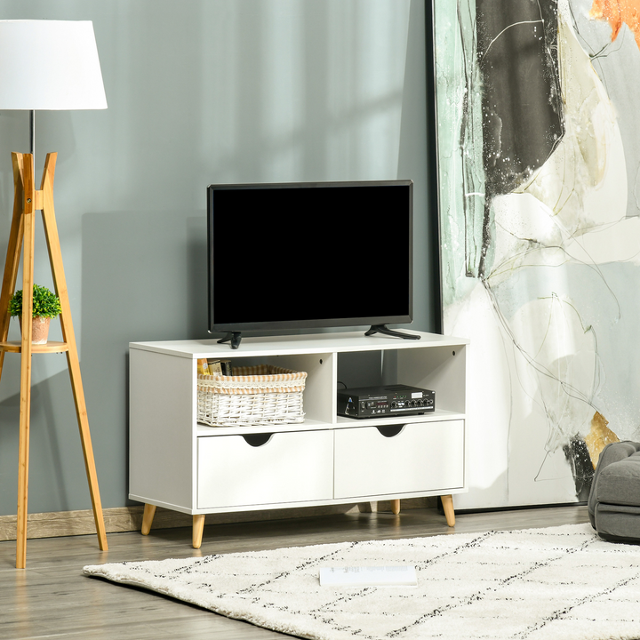 Skandi White TV Unit with Shelf & Drawers - 99x39x58cm - Stylish & Spacious Media Console - Premium  from Home Treasures - Just £76.99! Shop now at Home Treasures