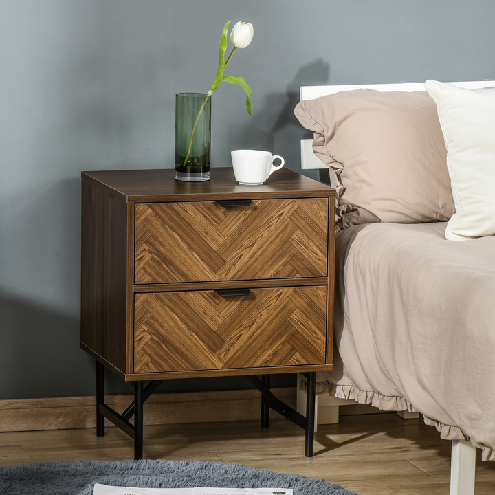 Walnut Brown Bedside Table with Two Drawers, Stylish Side Cabinet Storage Unit with Metal Handles - Premium  from Home Treasures - Just £77.99! Shop now at Home Treasures