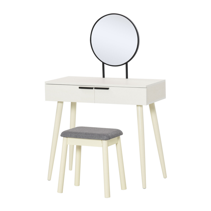 Elegant White Dressing Table Vanity Set - Makeup Desk with Round Mirror, Cushioned Stool, and 2 Spacious Drawers for Bedroom Jewelry Storage - Premium  from Home Treasures - Just £110.99! Shop now at Home Treasures