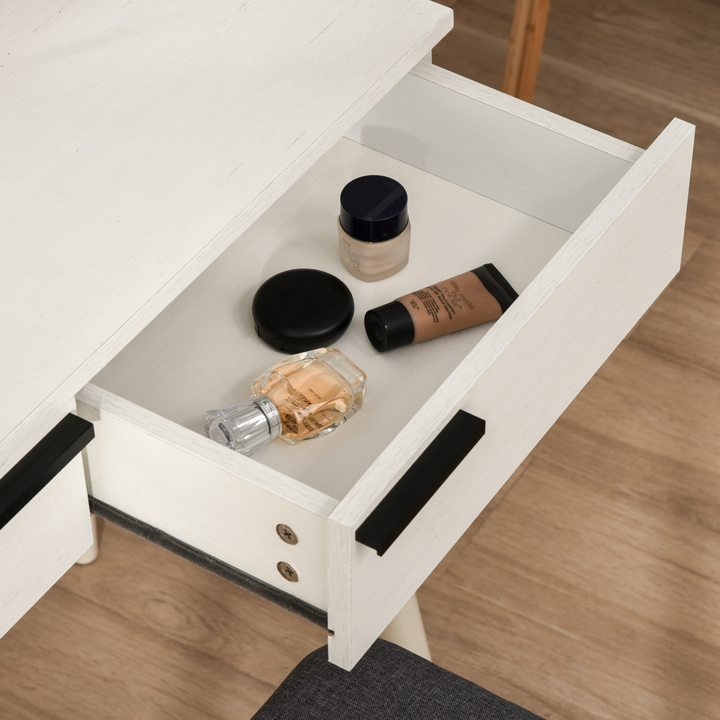 Elegant White Dressing Table Vanity Set - Makeup Desk with Round Mirror, Cushioned Stool, and 2 Spacious Drawers for Bedroom Jewelry Storage - Premium  from Home Treasures - Just £110.99! Shop now at Home Treasures