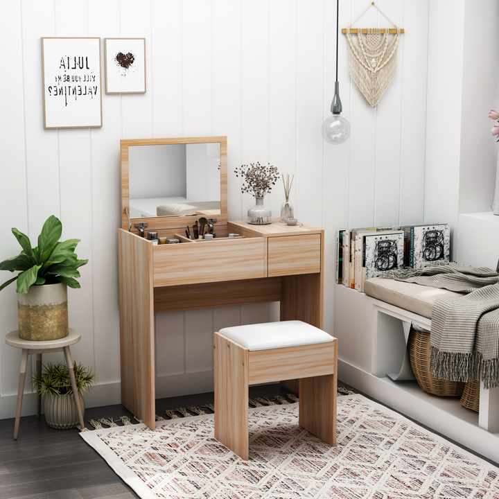 Wood Grain Dressing Table Set with Flip-up Mirror, Cushioned Stool, and Storage Drawer - Premium  from Home Treasures - Just £97.99! Shop now at Home Treasures