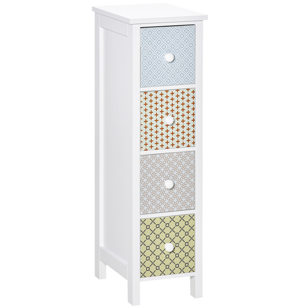 Stylish Tallboy Cabinet - White & Patterned, 4 Drawers, Space-Saving, Durable MDF, Anti-Tip Safety, 25 x 34 x 86.5cm - Premium  from Home Treasures - Just £63.99! Shop now at Home Treasures