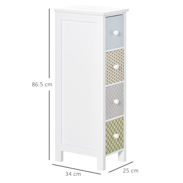 Stylish Tallboy Cabinet - White & Patterned, 4 Drawers, Space-Saving, Durable MDF, Anti-Tip Safety, 25 x 34 x 86.5cm - Premium  from Home Treasures - Just £63.99! Shop now at Home Treasures