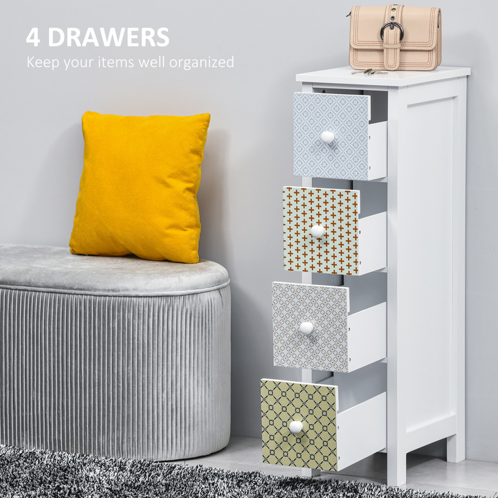 Stylish Tallboy Cabinet - White & Patterned, 4 Drawers, Space-Saving, Durable MDF, Anti-Tip Safety, 25 x 34 x 86.5cm - Premium  from Home Treasures - Just £63.99! Shop now at Home Treasures