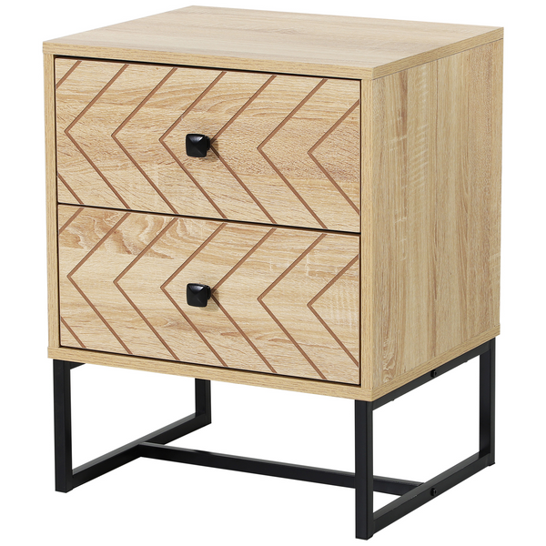 Contemporary Zig Zag Design Bedside Table Nightstand with Two Drawers and Black Metal Handles - Natural Wood Finish - Premium  from Home Treasures - Just £90.99! Shop now at Home Treasures