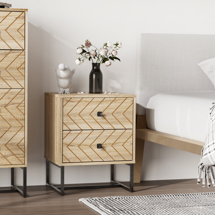 Contemporary Zig Zag Design Bedside Table Nightstand with Two Drawers and Black Metal Handles - Natural Wood Finish - Premium  from Home Treasures - Just £90.99! Shop now at Home Treasures