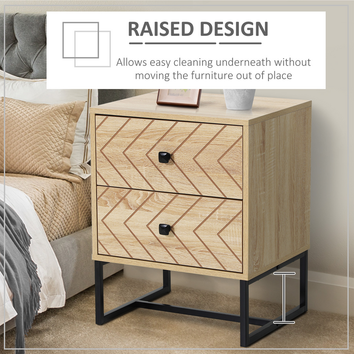 Contemporary Zig Zag Design Bedside Table Nightstand with Two Drawers and Black Metal Handles - Natural Wood Finish - Premium  from Home Treasures - Just £90.99! Shop now at Home Treasures