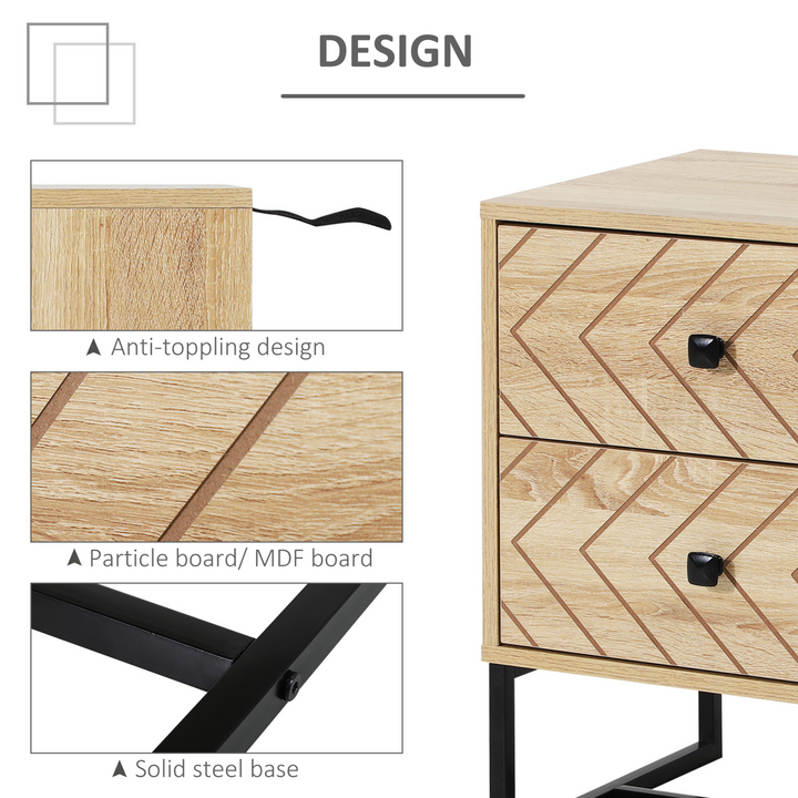 Contemporary Zig Zag Design Bedside Table Nightstand with Two Drawers and Black Metal Handles - Natural Wood Finish - Premium  from Home Treasures - Just £90.99! Shop now at Home Treasures