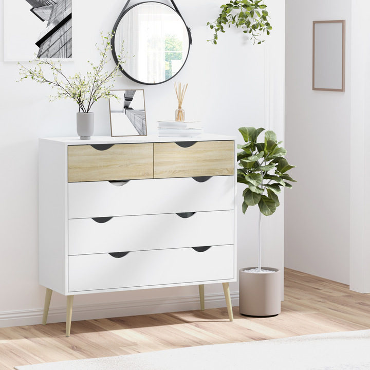 Scandinavian Style Chest of Drawers - White & Oak | 5 Drawers for Bedroom Storage - Premium  from Home Treasures - Just £186.99! Shop now at Home Treasures