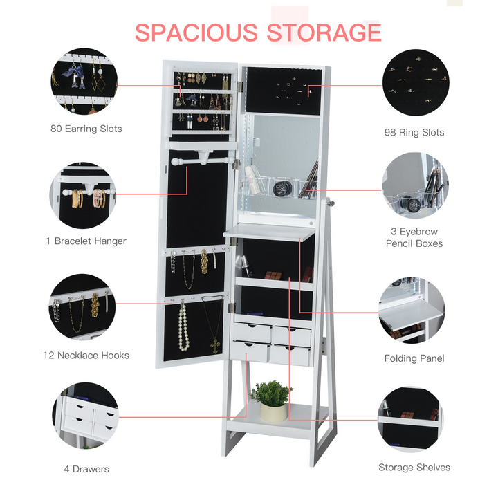 LED Light Jewelry Cabinet Armoire with Full-Length Mirror, Adjustable Shelves, and Drawers - White - Premium  from Home Treasures - Just £138.99! Shop now at Home Treasures