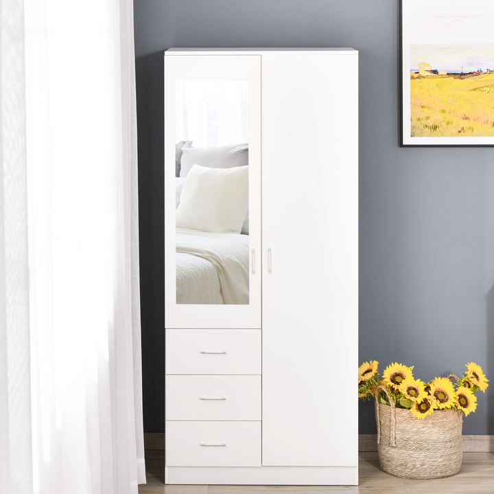 Modern Mirror Wardrobe 180cm – Sleek White 2 Door Storage with Adjustable Shelves, Hanging Rail & 3 Drawers - Premium  from Home Treasures - Just £271.99! Shop now at Home Treasures