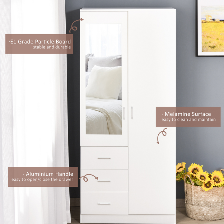 Modern Mirror Wardrobe 180cm – Sleek White 2 Door Storage with Adjustable Shelves, Hanging Rail & 3 Drawers - Premium  from Home Treasures - Just £271.99! Shop now at Home Treasures