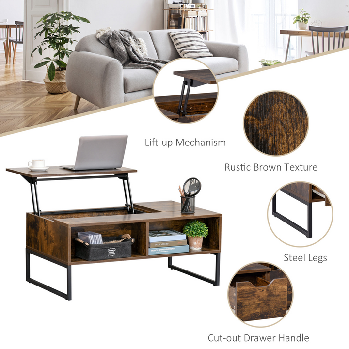 Extendable Lift Top Coffee Table with Hidden Storage Compartment, Durable Metal Frame, Smooth Particle Board Surface, Brown - Premium  from Home Treasures - Just £161.99! Shop now at Home Treasures