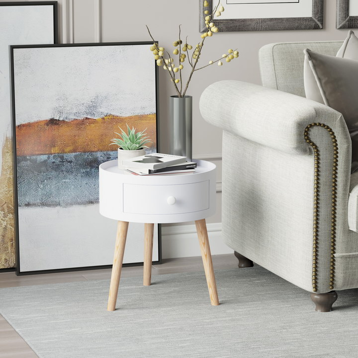 Modern Side Table with Drawer - Stylish Round Coffee Table for Living Room & Bedroom - White Wood Legs, Small Home Décor Side Table - Premium  from Home Treasures - Just £52.99! Shop now at Home Treasures