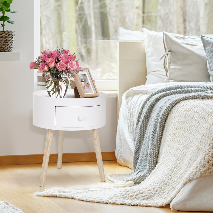 Modern Side Table with Drawer - Stylish Round Coffee Table for Living Room & Bedroom - White Wood Legs, Small Home Décor Side Table - Premium  from Home Treasures - Just £52.99! Shop now at Home Treasures