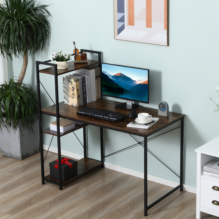 Rustic Brown & Black Computer Desk with 4-Tier Bookshelf – Modern Home Office Study Workstation - Premium  from Home Treasures - Just £85.99! Shop now at Home Treasures