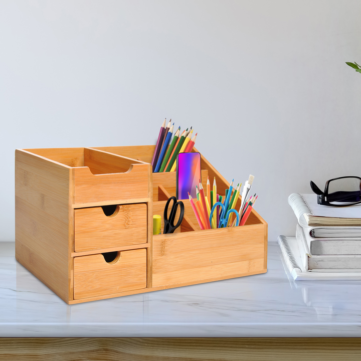 Bamboo Desk Organizer with 7 Compartments and 2 Drawers - Multi-Function Storage Caddy for Home Office Supplies - Premium  from Home Treasures - Just £26.99! Shop now at Home Treasures