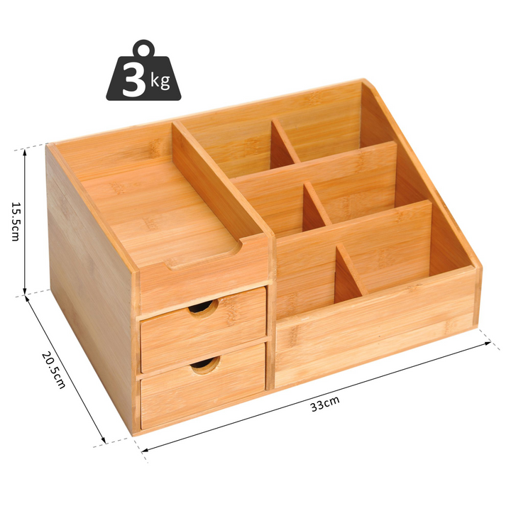 Bamboo Desk Organizer with 7 Compartments and 2 Drawers - Multi-Function Storage Caddy for Home Office Supplies - Premium  from Home Treasures - Just £26.99! Shop now at Home Treasures